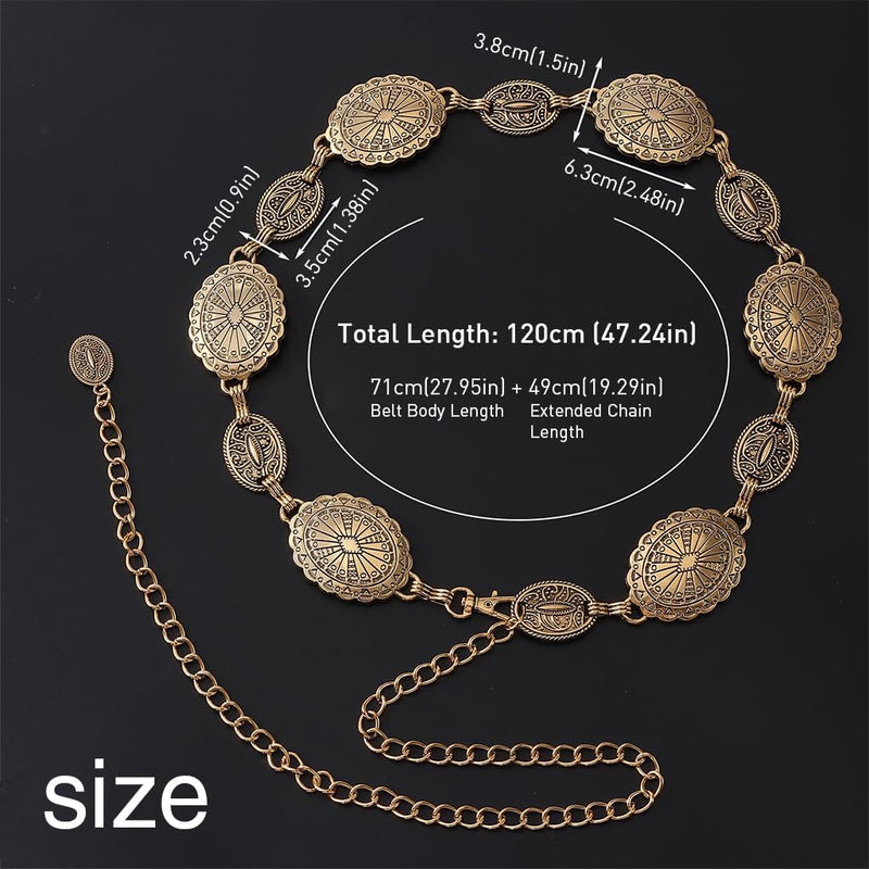 Golden Metal Waist Chain for Women, Concho Hip Saree Waist Belt, Adjustable Boho Western Fashion Belt Women Chain Belts for Dresses, Jeans, Skirts