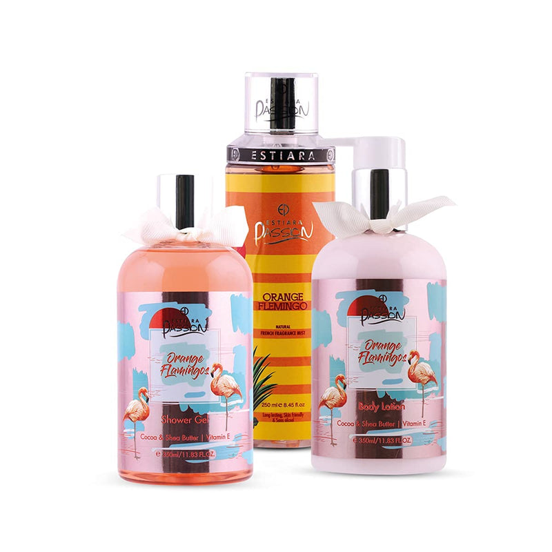 Estiara Passion Orange Flamingo Bath & Body 3 Piece Gift Set for Unisex - Orange Flamingo Body Lotion 350ML - Orange Flamingo Shower Gel 350ML - Orange Flamingo French Fragrance Mist 250ML - Giftset