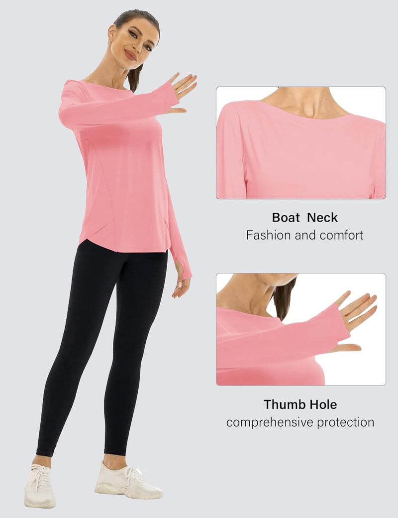Rapbin Women's UPF 50+ Sun Protection T-Shirts Long Sleeve Boat Neck Workout Lightweight Quick Dry Top with Thumb Hole