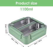 1100ml Bento Lunch Box for Meals and Snacks, Leakproof Insulated Food Container with 2 Stainless Steel Compartments for Adults and Kids at Work or School, Microwave Safe, Green