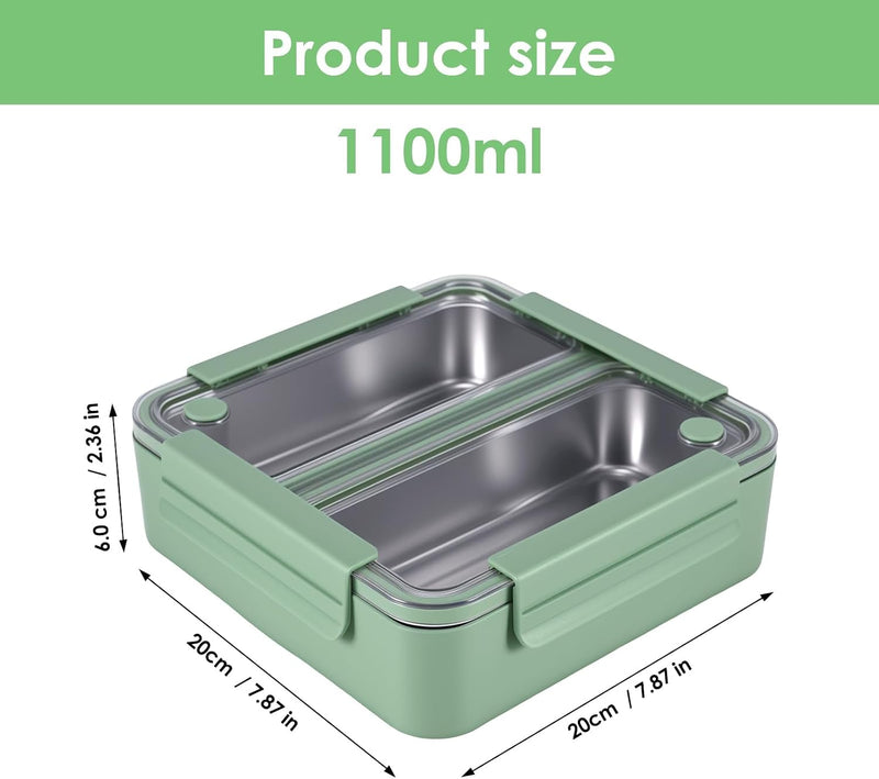 1100ml Bento Lunch Box for Meals and Snacks, Leakproof Insulated Food Container with 2 Stainless Steel Compartments for Adults and Kids at Work or School, Microwave Safe, Green