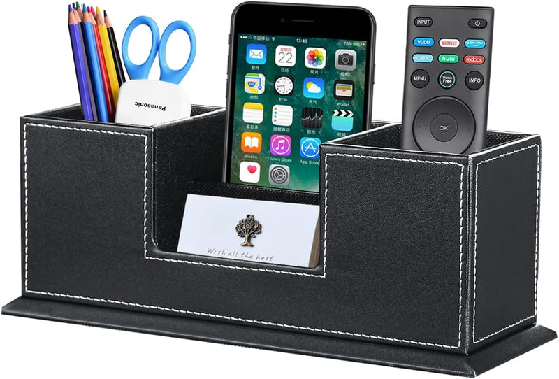 PUSU Desk Pencil Holder, Black PU Leather Executive Desk Organizer, 4 Slots Office Organizer Pencil Cup, Phone/Business Card Holder Stand
