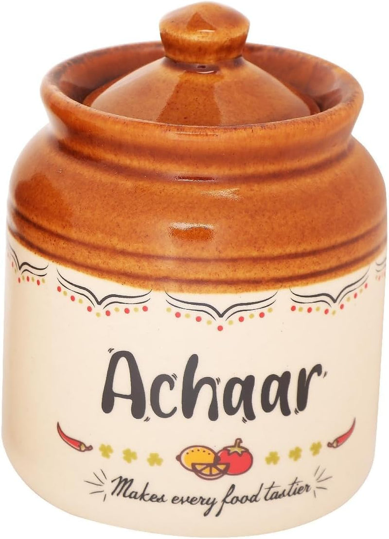 EK DO DHAI (DEVICE) Ek Do Dhai Ceramic Pickle Jar Elegant Jars For Pickles Containers With Lids Convenient For Dining Table Martbaan Stoneware Printed 1 Piece 300 Ml 10 Oz, Multicolor