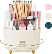 SKYDUE 360 Degree Rotating Desk Organizer, Dual-Purpose Pencil Pen Holder for Desk, Rotating Desk Pen Organizer with 5 Slots, Art Supply, Pencil Cup for Office, School, Home - 5.8*5.8*4.7 Inches Beige_1Pack