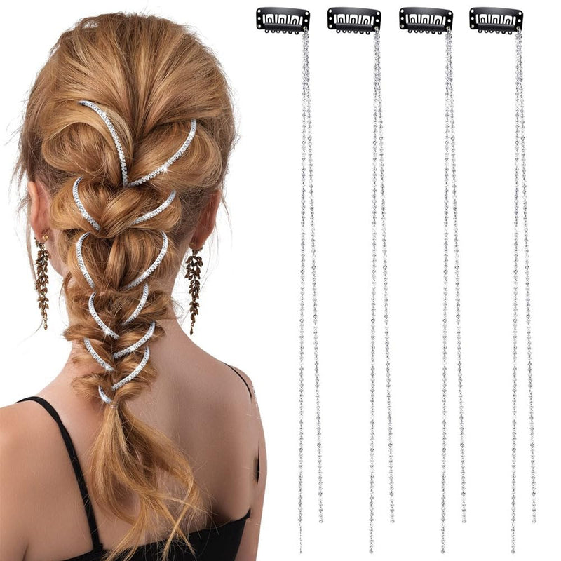Goodern 4 PCS Women Hair Chains Tassel Hair Clips,Shiny Rhinestone Hair Extension Chains Fashion Long Tassel Hair Clip Chain Delicate Ponytail Extension Chain Decor Girls Punk Hair Accessories-Silver