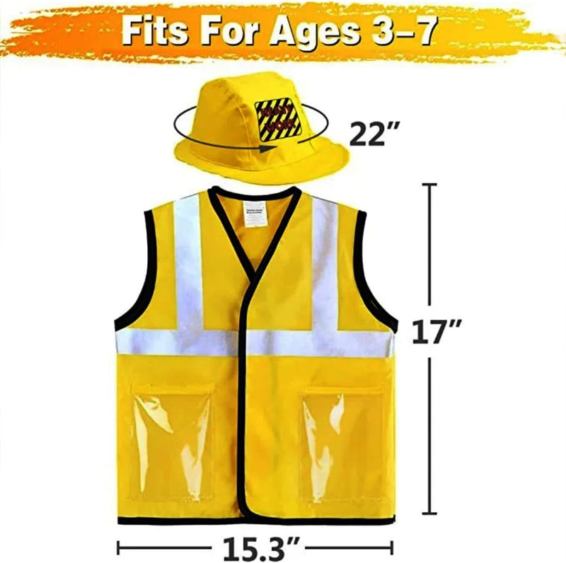 AMERTEER Construction Worker Costume for Kids Builder Dress-Up Set with Tool Belt, Hard Hat, Safety Vest & Toy Tools Pretend Play Outfit & Halloween Costume for Boys & Girls Ages 3-6