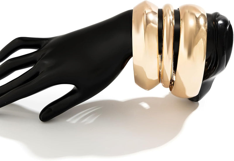 3 Pcs Set Chunky Gold Bangles for Women - Wide Stackable Statement Bracelets, Fashionable Gold Tone Cuff Bangles, Trendy Wrist Jewelry for Everyday & Gifts