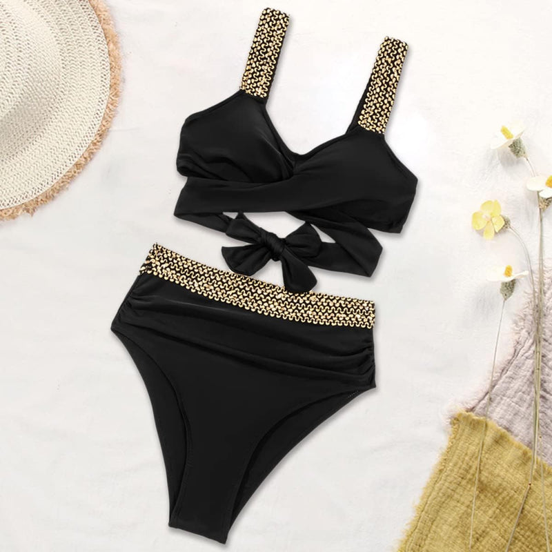 Eomenie Women Two Piece Cross Wrap Bathing Suit Tie Back, Tummy Control Swimsuit 2 Piece High Waist Curvy Bikini Swimwear