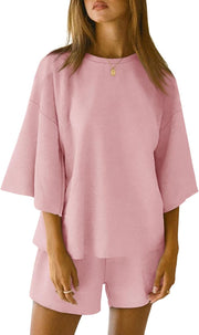 Womens Pajama Sets 3/4 Sleeve Oversized Tops and Elastic Waist Shorts Lounge Sets Loungewear - Pink