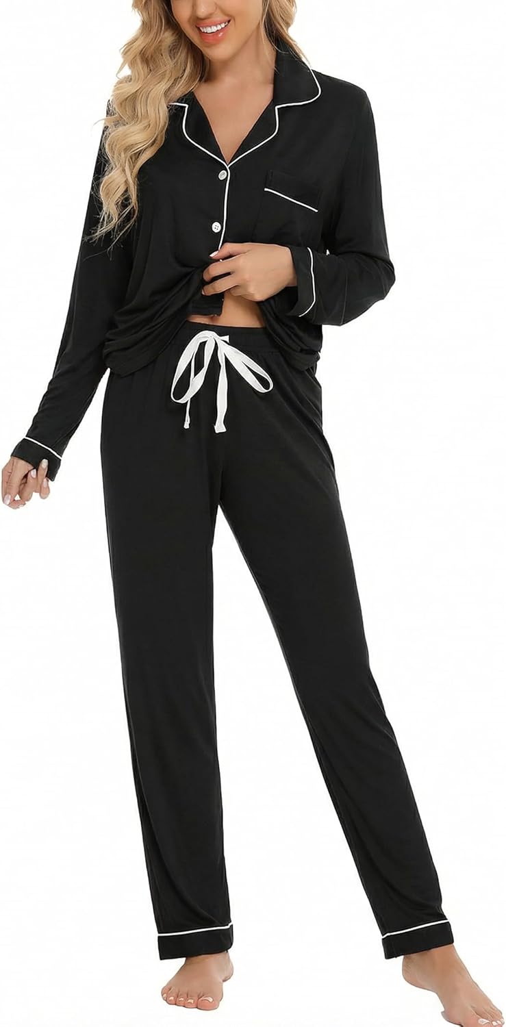 Button Up Pajama Set For Women Long Sleeve Shirt And Pajama Pants Soft Pjs Lounge Sets - Black