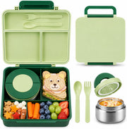 Lunch Box for Kids: 1700ML Leak Proof Kids Lunch Box with 300ml Insulated Stainless Steel Thermos Food Jar - 4-Compartments Bento Lunch Box for School, Boys and Girls (Purple) - Green