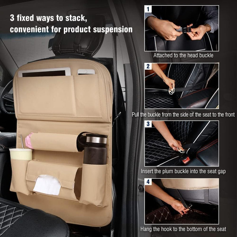 Car Backseat Organizer with Tablet Holder, Touch Screen Tablet Hanger Stand for Kids Toddlers and Storage, Cup Umbrella Tissue Holder, Kick Mats Protector Car Accessories Pack of 1 (Beige)