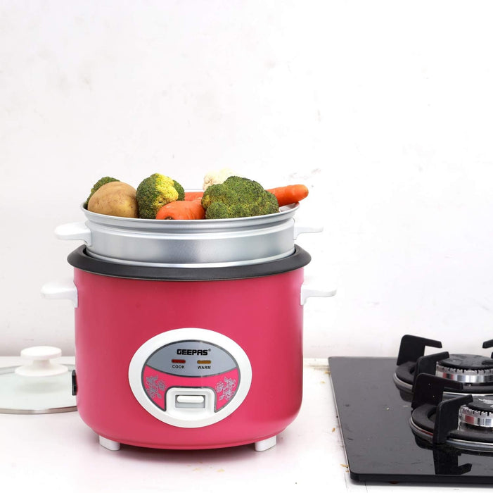 Geepas 1.8L Rice Cooker/Steamer with Non-Stick Cooking Pot | 700W | Automatic Cooking, Steam Vent Lid & Simple One Touch Operation |Make Rice, Steam Healthy Food & Vegetables | 2 Year Warranty
