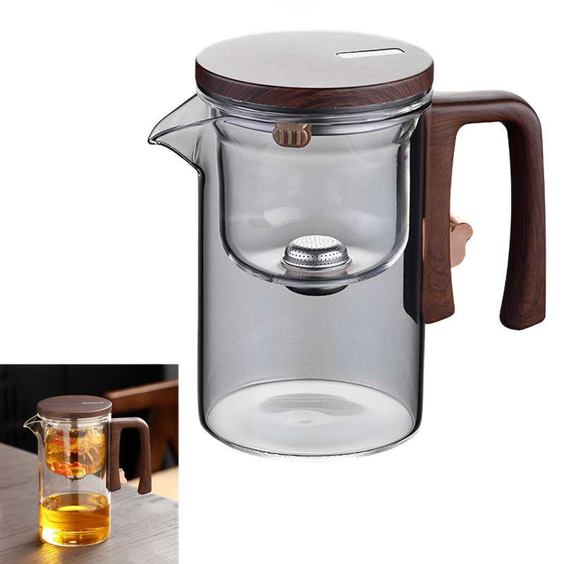 Beauenty Heat Resistant Glass Teapot,One Click Filter Separation Teapot,With Wood Grain Handle,Bulk Tea Brewer,Magnetic Adsorption Cover,Magic Glass Teapot With Detachable Filter(720ml/24oz)