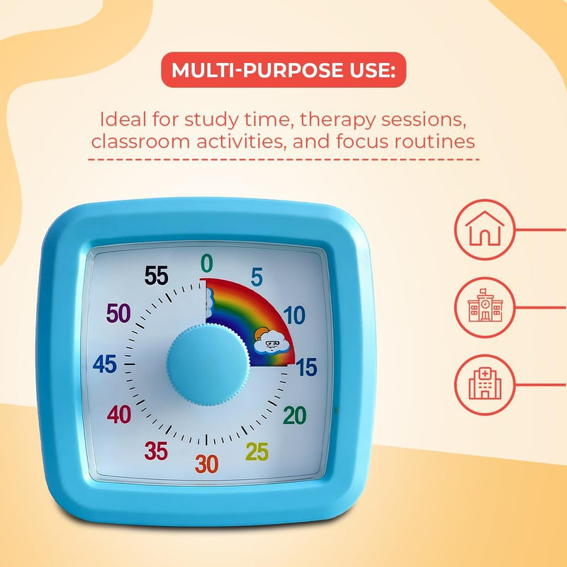 Rainbow Visual Timer for Kids (60 Minute) Silent Analog Countdown Clock with Colorful Time Management Disk Ideal for Classroom, Study, Therapy, and ADHD Focus Routines (Blue, 9cm)