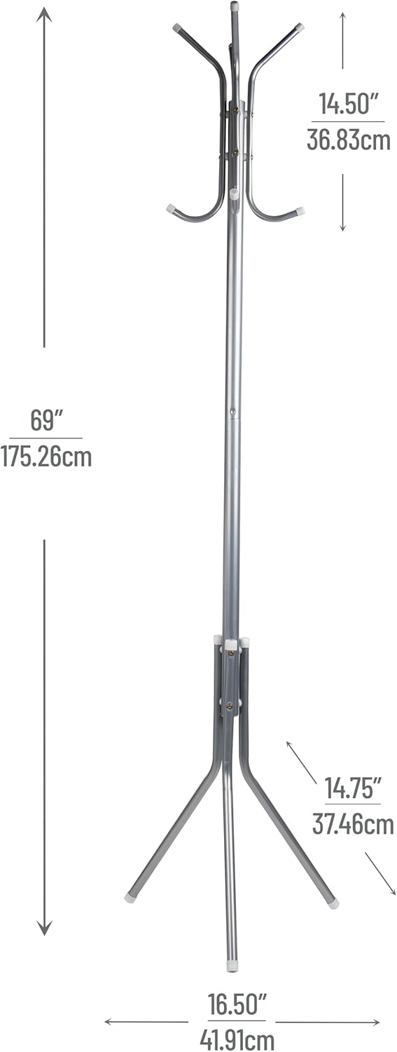 Mind Reader COATRACK11 Standing Metal Coat Rack Hat Hanger 11 Hook for Jacket, Purse, Scarf Rack, Umbrella Tree Stand, Black