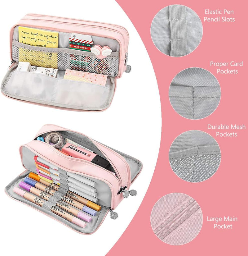 HASTHIP Large Capacity Pencil Case with 3 Compartments, Multi-Functional Pencil Box for Kids, Girls, Boys, Teenagers, Adults, Stationery Organizer Pouch, Pink