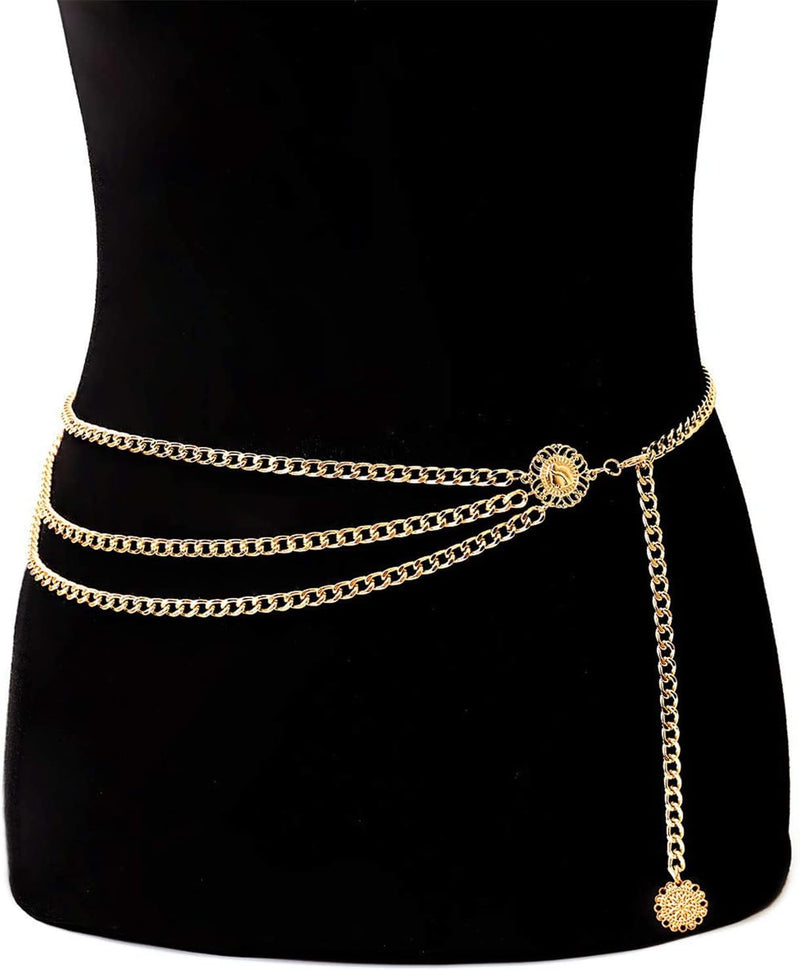 Metal Waist Chain Belts, Multi Layer Waist Chain Dress Belts for Jeans Skirts Pants Dresses Girls Women(Gold)