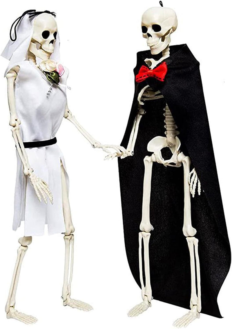 Halloween Skeleton Decoration, 40CM Hanging Poseable Skeleton Bride and Groom with Cape and Veil for Indoor Outdoor Party Yard Décor (B-40cm 2pcs set) - Mixed colours
