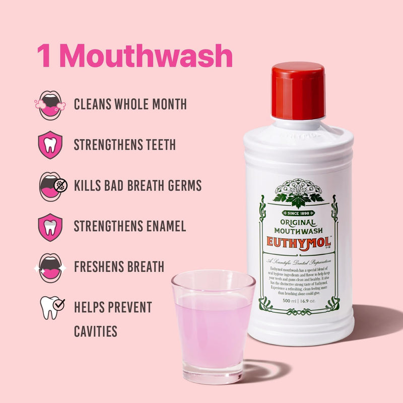 Mouthwash Original 500ml, Flouride Free Alcohol-Free, Distinctive Strong Taste Flavour, Reduce Plaque Gingival Clean Healty Teeth Gums, Freshens Breath Refreshing Daily Oral Dental Care - 500 ml