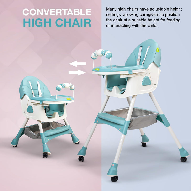 Baybee Baby High Chair for Kids with Adjustable Height and Footrest, Toddler Walker Feeding Booster Chair Seat for Baby with Tray, Wheel, Safety Belt and Cushion For Babies 6 Month to 4 Year (Green)