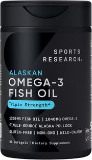 Sports Research Alaskan Omega3 Fish Oil 90 Softgels WildCaught Alaska Pollock EPA & DHA in Triglyceride Form NonGMO & GlutenFree Omega3 Supplement