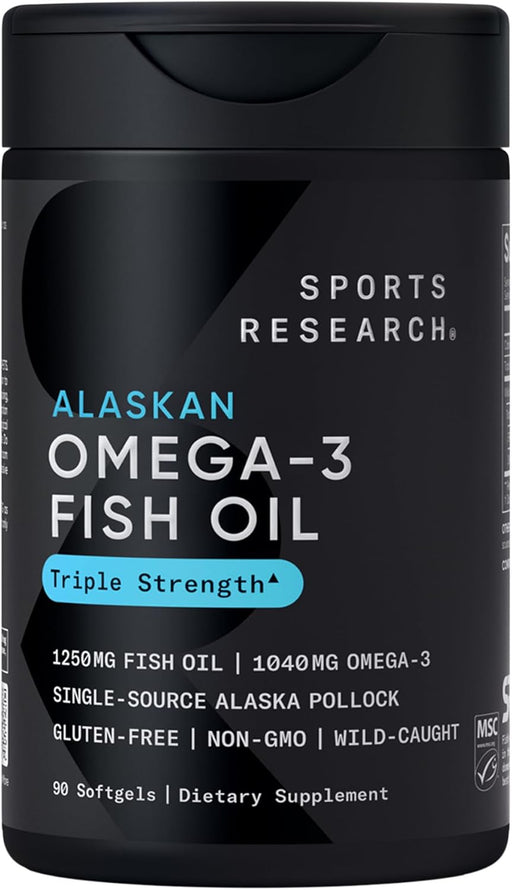 Sports Research Alaskan Omega3 Fish Oil 90 Softgels WildCaught Alaska Pollock EPA & DHA in Triglyceride Form NonGMO & GlutenFree Omega3 Supplement