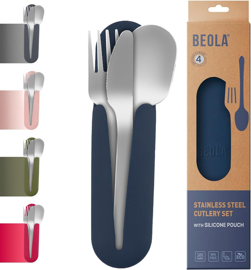 Stainless Steel Cutlery Set with Silicone Case, Travel Utensils with Pouch, Reusable Fork Spoon and Knife, Cutlery for Lunch Box Kids School, Camping Outdoor, Set of 4pcs (Sand Dune) - Marine Blue