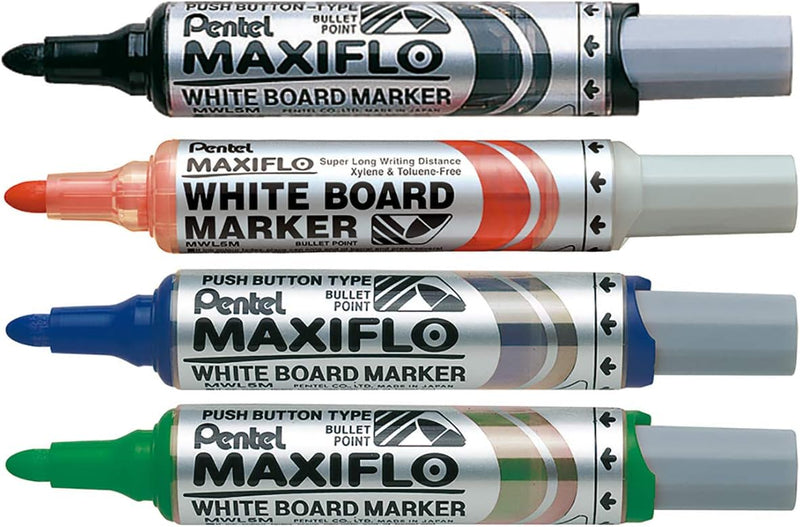 Pentel 6.0mm Bullet Tip Wallet 4 Maxiflo White Board Marker Liquid Ink - Black/Red/Blue/Green