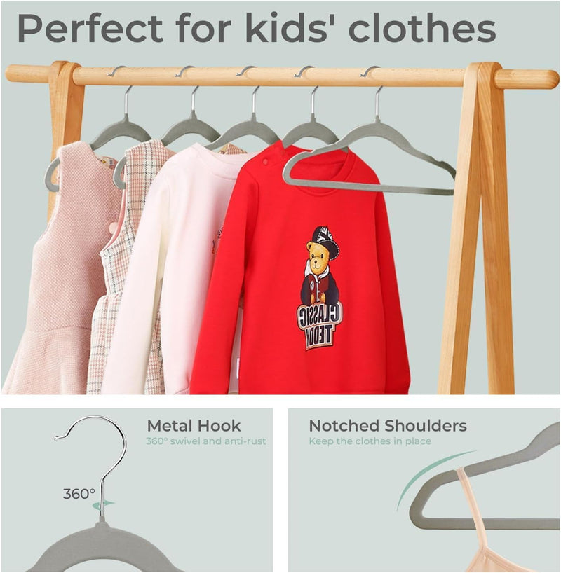 ManGotree 10 Pack 14 Inch Premium Kids Velvet Hangers for Closet, Ultra-Thin Children's Clothes Hangers with 360° Swivel Hook, Sturdy Non-Slip Felt Kids Hangers for Youth (Black)