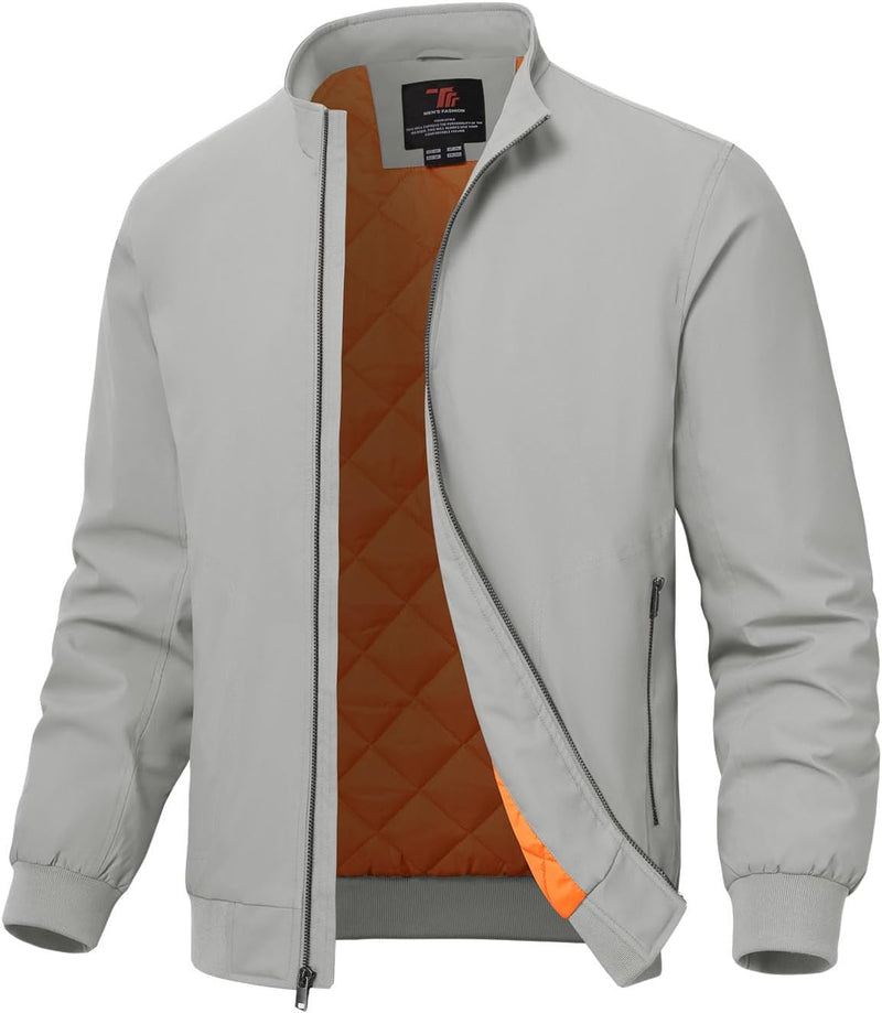 Men's Quilted Bomber Jacket, Casual Padded Winter and Fall Jacket, Full-Zip Windproof Work Coat - Light Grey