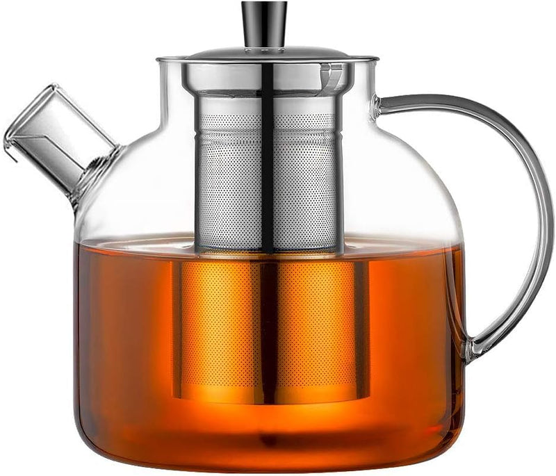 1500ML Glass Teapot with Removable Stainless Steel Infuser Strainer, 52oz Tea Kettle,Stovetop Safe Large Tea Pot, Blooming and Loose Leaf Hand Crafted Kettle for Adult Stainless Infuser