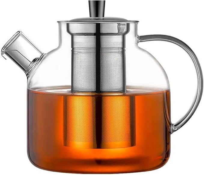 1500ML Glass Teapot with Removable Stainless Steel Infuser Strainer, 52oz Tea Kettle,Stovetop Safe Large Tea Pot, Blooming and Loose Leaf Hand Crafted Kettle for Adult Stainless Infuser