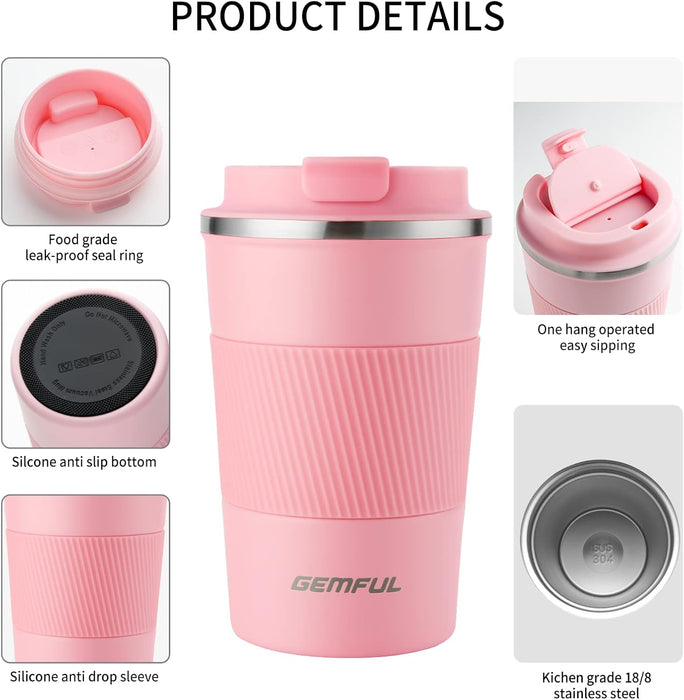 GEMFUL Travel Coffee Mug Stainless Steel Vacuum Ice and Hot Drinks Insulated Tumbler for Home Office Outdoor Works, 380ml, Pink