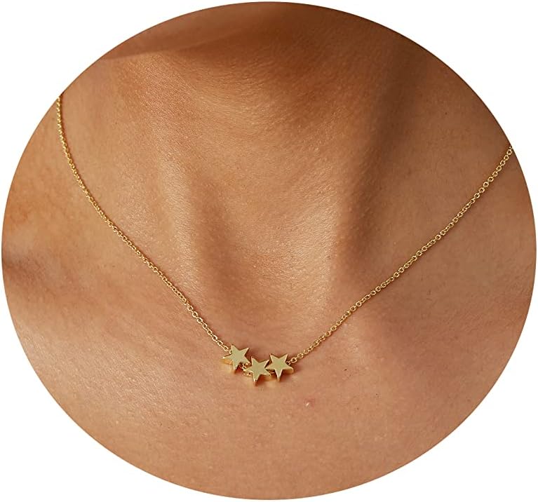 Diamond Solitaire Pendant Necklace for Women Dainty 14K Gold Plated Tiny CZ Diamond Choker Necklace Layered Cubic Zirconia Moon Round Dot Necklaces Wedding Bridesmaid Jewelry Gifts - 3 Star-Gold