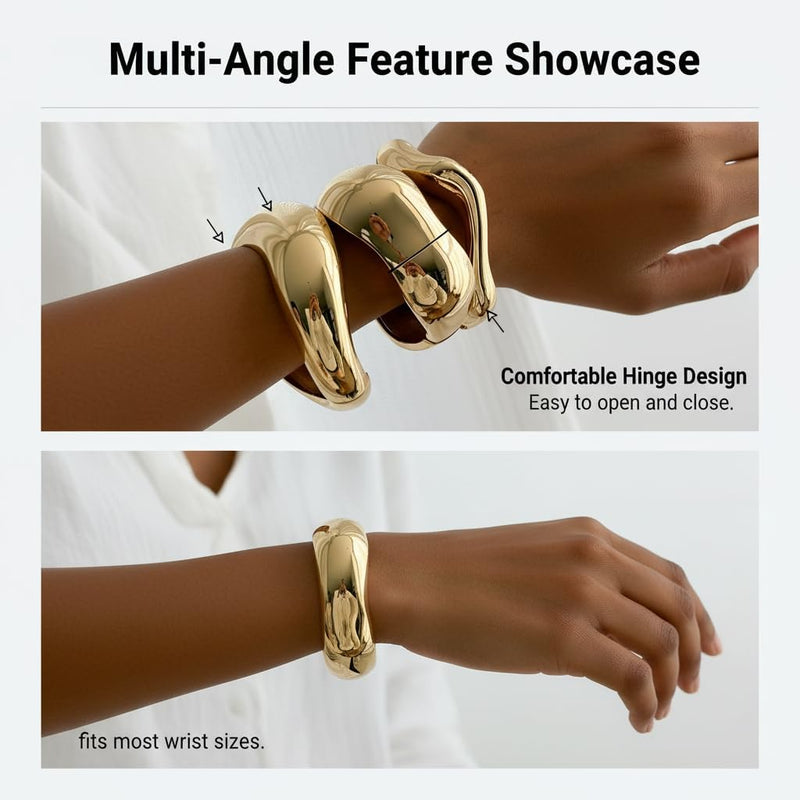 Chunky 18K Gold Plated Bracelets Set for Women High Shine Minimalist Wide Open Cuff & Trendy Stackable Gold Bangles Statement Fashion Jewelry, Layered Wrist Accessories Gift