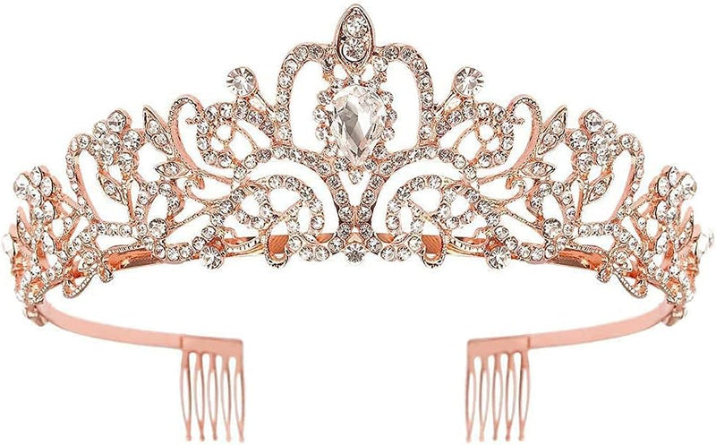 Shining Diva Fashion Crystal Tiara and Crown for Women Stylish Headband Crowns with Comb Tiaras for Girls Kids Queen Princess Wedding Bridal Birthday Gift Hair Accessories - 01 Rose Gold
