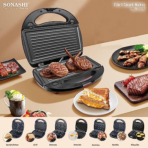 Sonashi 7-in-1 Multi Snack Maker SSM-862 - Detachable Sandwich, Grill, Donut, Waffle, Cupcake, Nutty, Omelet Making Plates | Kitchen Appliances