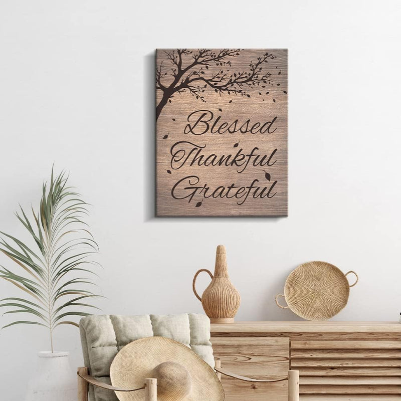 Kas Home Thankful Grateful Blessed Wall Decor Canvas Inspirational Quote Sign Farmhouse Rustic Wall Art Positive Word Hanging Decoration for Bedroom Living Room Kitchen Framed Plaque (10.6 x 13.7