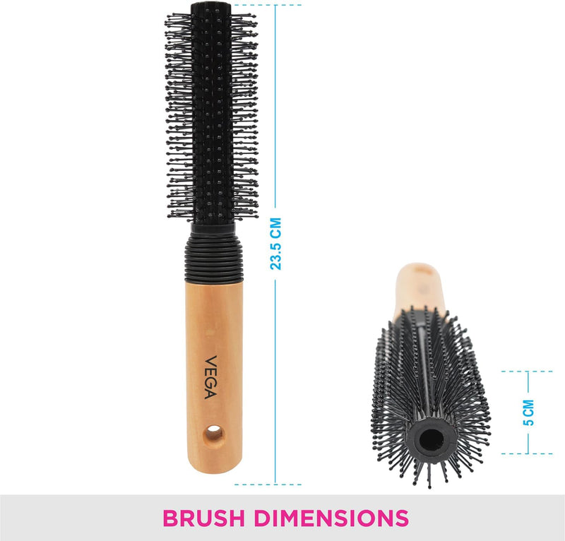 Vega Round Brush with Wooden and Black Colored Handle with Black Brush Colored Head