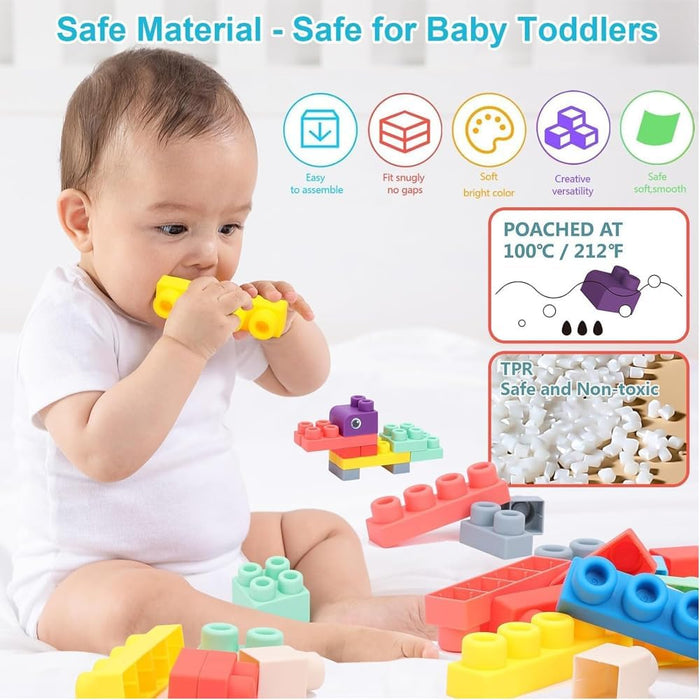 AMERTEER Soft Rubber Building Block Early Educational Toy Can Be Boiled And Bitten And Build A Preschool Education Sensory Stacking Rock Suitable For Baby 1-3 Years Old Blocks Toy Storage Bucket 50Pcs
