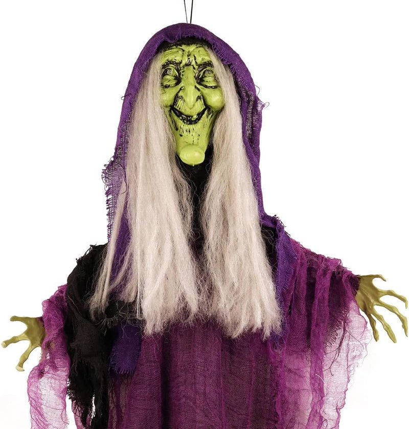 Mad Toys Spooky Hanging Animated Witch with Light-Up Eyes, Sound and Action Activated Halloween Decoration, Theme Party Haunted House Trick or Treat Decor