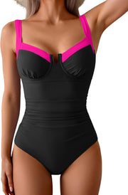 Women's Underwire One Piece Swimsuits Tummy Control Bathing Suits Push Up Swim Suit Color Block Swimwear - Black, Hot Pink