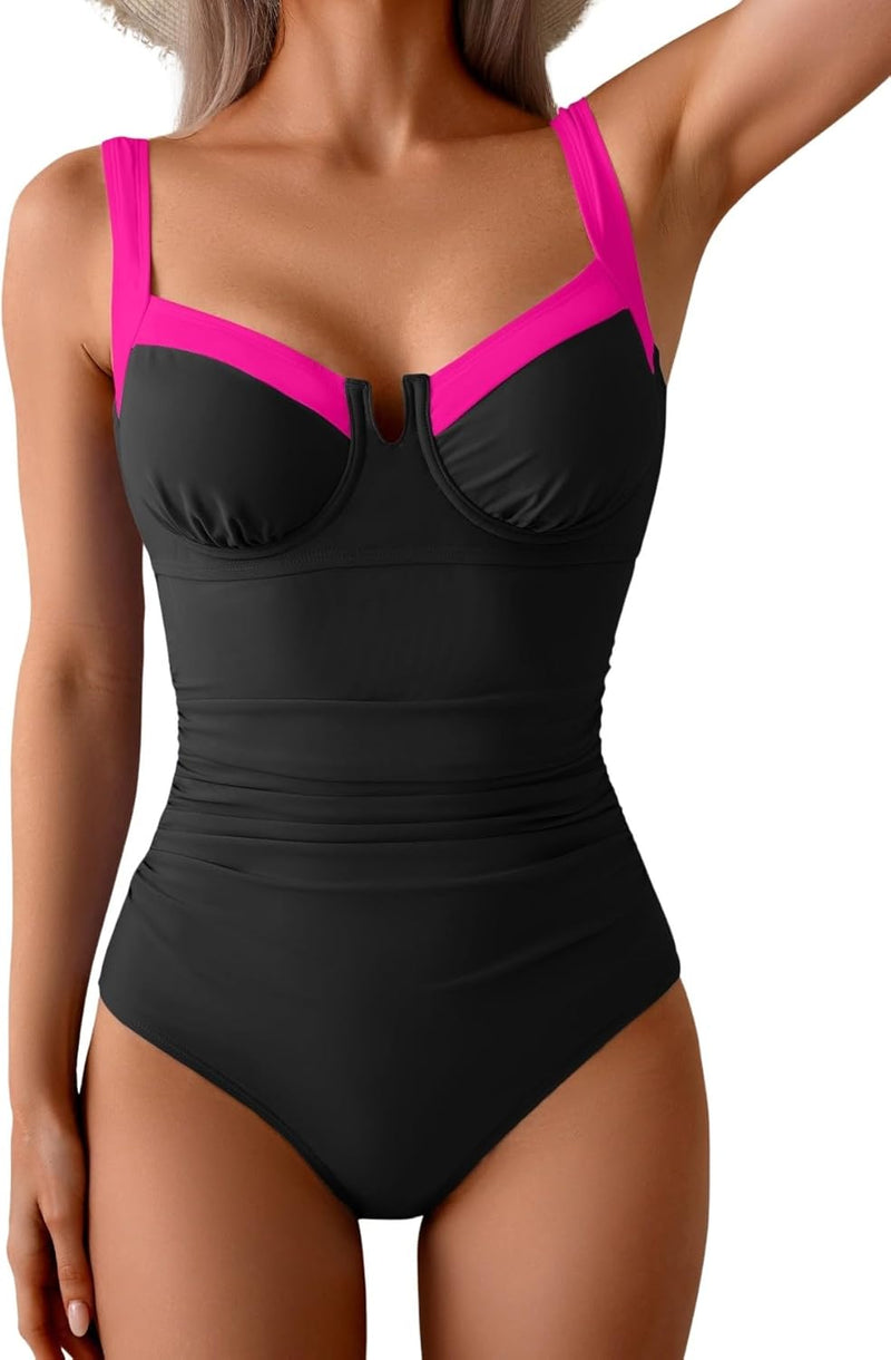 Women's Underwire One Piece Swimsuits Tummy Control Bathing Suits Push Up Swim Suit Color Block Swimwear - Black, Hot Pink