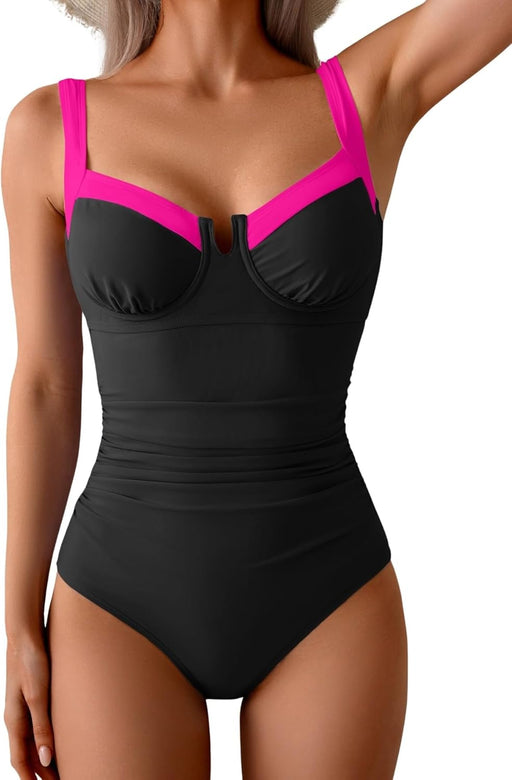 Women's Underwire One Piece Swimsuits Tummy Control Bathing Suits Push Up Swim Suit Color Block Swimwear - Black, Hot Pink