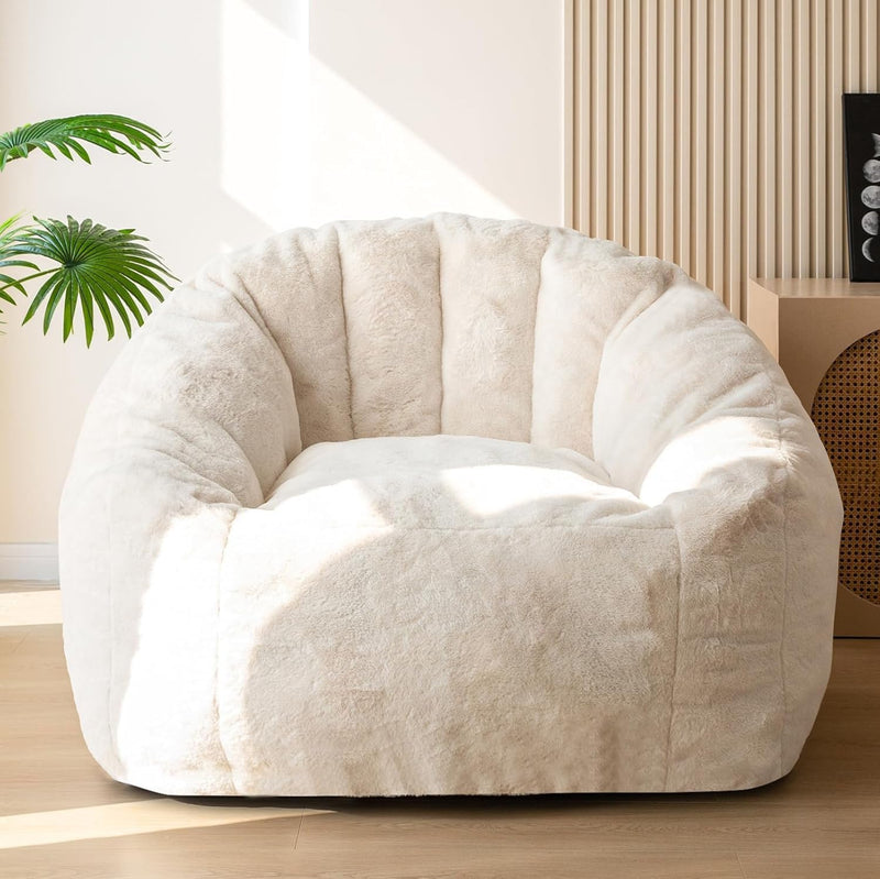 Giant Bean Bag Chair, Oversized Bean Bag Couch for Adults and Kids, Faux Fur Shell-Shaped Large Chair with Filler, Stuffed Big Accent Sofa Lounge Floor Sofa for Reading, Beige, Standard (Light Grey) - Beige
