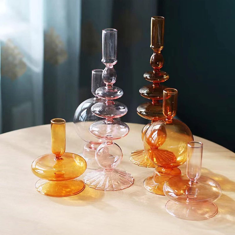 LKPOMI Glass Candlestick Holders - Colorful Glass Taper Candle Stand - Modern Elegant Candle Sticks - Pink