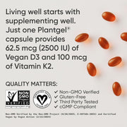 Vitamin D3 + K2 w/Coconut Oil - Vegan Vitamin D 2500iu & Mk7 Vitamin K 100mcg for Bone & Immune Support - Vegan Certified Non-GMO Soy Free - 60 Softgels