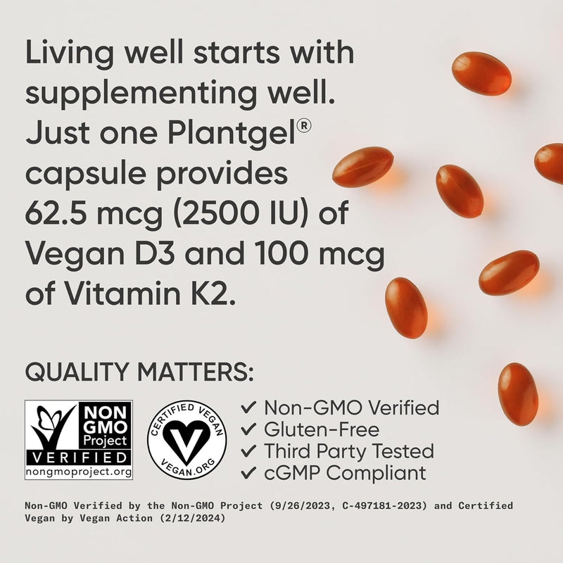 Vitamin D3 + K2 w/Coconut Oil - Vegan Vitamin D 2500iu & Mk7 Vitamin K 100mcg for Bone & Immune Support - Vegan Certified Non-GMO Soy Free - 60 Softgels