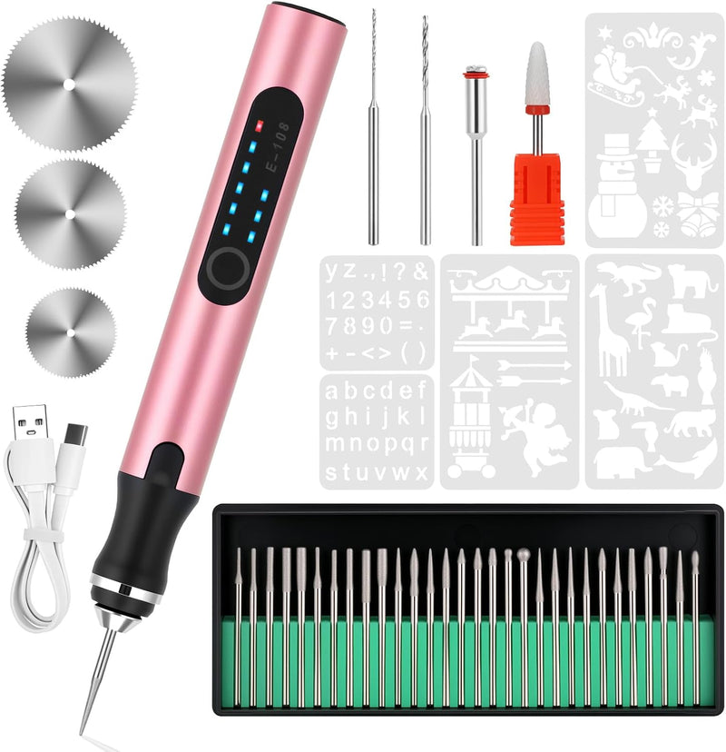 Electric Engraving Pen with 37 Bits, USB Rechargeable Cordless Etching Engraving Tool, Portable DIY Rotary Engraver for Jewelry Wood Glass Stone Carving (Silver) - Rose Red
